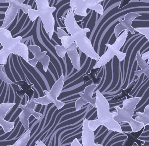 A repeat pattern of a flock of birds flying every which way, outlined in pale purple, filled with different shades of purple with glowing highlights on each bird to make out their shape. They are flying over a series of dark purple fluid like curvy stripes that cover the entire background.