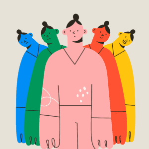 A vector illustration of a series of similar looking people, each one a different solid color with slightly different expressions on their faces. The first one is pink, and the other colors are standing behind them, tilting their heads out to either side of the person in the center.