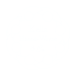 A white outline of the website logo: A geometric representation of a circle of people with joined arms, surrounding the words Kella Hanna-Wayne in a serif font, and '& Co.' below in a cursive font.