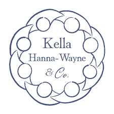 Kella Hanna-Wayne & Co's logo: An abstract line drawing of a circle of people with joined arms surrounding text. Kella Hanna-Wayne is in a serif font in two lines and below & Co is in a cursive font. The entire logo is dark blue on a transparent background.