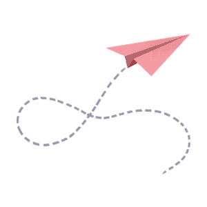 A pink paper airplane trailing grey dashes in a loop across the page