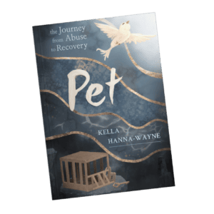 A book with the title 'Pet' in a large, white, painted font on top of an illustration. There is a cage in the bottom left corner, with a lock and key. There are progressing waves of lighter shades of grey blue in different textures, separated by lines of gold foil. There is a beige bird flying into the top right corner. The book is floating with no background.