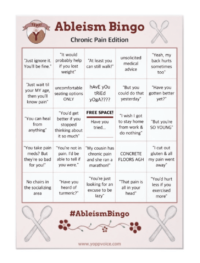 A pale pink Bingo card titled 'Ableism Bingo Chronic Pain Edition.' The card includes phrases that folks with chronic pain hear repeatedly like 'you can heal from anything.' It's decorated with drawings of spoons and flowers.
