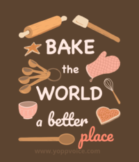 A digital illustration of a series of baked goods and baking equipment, in a pastel orange, pink, & beige color palette on a chocolate brown background. Friendly white text says