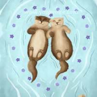 A digital illustration of two tan and brown otters floating on their backs on a stream of light turquoise water. They are holding paws and have their eyes closed blissfully. They are surrounded by a series of tiny purple flowers arranged in the shape of a heart around them, the ripples of the water echoing the shape.