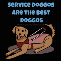 A cartoon of a light brown dog with floppy ears, a wagging tail, and a big smile. The dog is wearing a red and pink guiding harness on its back. Above in blocky bright blue letters it says 'Service Doggos Are the Best Doggos'