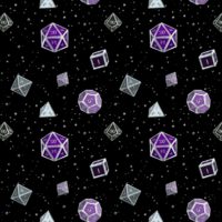 A repeating pattern of a set of 7 Dungeons and Dragons Dice in different shades of the colors from the Asexual Pride Flag: Purple, white, and grey on a black background, surrounded by little white stars and small shiny silver orbs.
