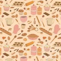 A repeat pattern of baking elements, like cupcakes, pies, cookies, bread, whisks, rolling pins, measuring spoons, eggs, sprinkles, chocolate, flour and sugar in a cute cartoon style, in a pink, orange, and brown color palette on a peach background. In the bottom right corner is a water mark that says Kella Hanna-Wayne & Co.