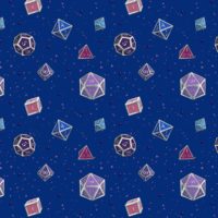 A repeating pattern of a set of 7 Dungeons and Dragons Dice in different shades of the colors from the Bisexual Pride Flag: Blue, Magenta, and Purple, on a dark blue background, surrounded by little pale pink stars and small shiny purple orbs.