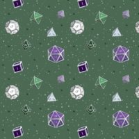 A repeating pattern of a set of 7 Dungeons and Dragons Dice in different shades of the colors from the Genderqueer Pride Flag: Purple, white, and green on a forest green background, surrounded by little white stars and small dark green orbs.