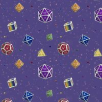 A repeating pattern of a set of 7 Dungeons and Dragons Dice in all the colors of the rainbow, on a purple background, surrounded by little pink stars and small shiny orbs in rainbow colors.