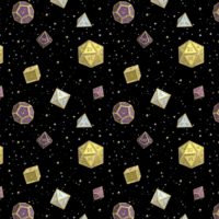 A repeating pattern of a set of 7 Dungeons and Dragons Dice in different shades of the colors from the Non-Binary Pride Flag: Yellow, purple, and white, on a black background, surrounded by little white stars and small shiny golden orbs.