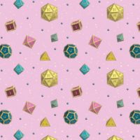 A repeating pattern of a set of 7 Dungeons and Dragons Dice in different shades of the colors from the Pansexual Pride Flag: Pink, turquoise, and yellow, on a light pink background, surrounded by little yellow stars and small shiny blue orbs.