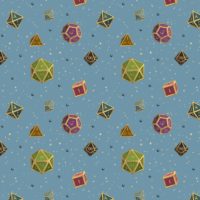 A repeating pattern of a set of 7 Dungeons and Dragons Dice in jewel tones with gold edges, on a medium blue background, surrounded by little yellow stars and small shiny orbs in dark blue.