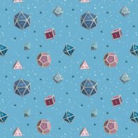 A repeating pattern of a set of 7 Dungeons and Dragons Dice in different shades of the colors from the Transgender Pride Flag: Bright blue, pink, and white, on a light blue background, surrounded by little white stars and small shiny blue orbs.