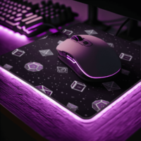 A repeating pattern of 7 Dungeons and Dragons Dice in Asexual Pride Flag colors: Purple, white, and grey on a black background. It is demoed on a rectangular mousepad with rounded corners on a glowing purple LED light and matching mouse.