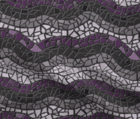A repeat pattern of mosaic tiles in a series of colorful waves. The tiles are stripes matching the asexual pride flag, black, grey, white, and purple, and the textured grout is dark grey. The pattern is demoed on a piece of rippling fabric.
