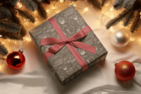 Brown wrapping paper with a repeat pattern of baking elements, like cupcakes, pies, cookies, whisks, rolling pins, measuring spoons, sprinkles, flour and sugar outlined in a cartoon style, in beige. It is on a Christmas present with red ribbon.