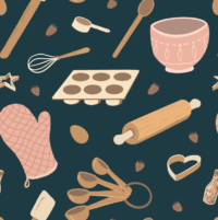 A repeat pattern of baking tools, like rolling pins, oven mitts, muffin tins, measuring and mixing spoons, whisks, spatulas, and cookie cutters, in a cute cartoon style, in a pink, orange, and beige color palette on a navy blue background.