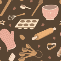 A repeat pattern of baking tools, like rolling pins, oven mitts, muffin tins, measuring and mixing spoons, whisks, spatulas, and cookie cutters, in a cute cartoon style, in a pink, orange, and brown color palette.