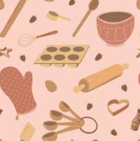 A repeat pattern of baking tools, like rolling pins, oven mitts, muffin tins, measuring and mixing spoons, whisks, spatulas, and cookie cutters, in a cute cartoon style, in a pink, orange, and beige color palette on a pale pink background.