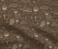 A repeat pattern of baking elements, like cupcakes, pies, cookies, bread, whisks, rolling pins, measuring spoons, eggs, sprinkles, chocolate, flour and sugar drawn in outlines in a cute cartoon style, in white on a brown background. The pattern is demoed on a piece of rippling fabric.