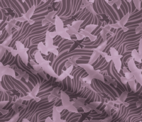A repeat pattern of a flock of birds flying every which way, outlined in pale pink, filled with different shades of pink and mauve with glowing highlights on each bird to make out their shape. They are flying over a series of maroon, fluid like curvy stripes that cover the entire background. The pattern is demoed on a piece of rippling fabric.
