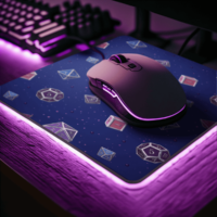A repeating pattern of 7 Dungeons and Dragons Dice in Bisexual Pride Flag colors: Blue, Magenta, and Purple, on a dark blue background. It is demoed on a rectangular mousepad with rounded corners on a glowing purple LED light and matching mouse.