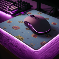 A repeating pattern of 7 Dungeons and Dragons Dice in a bunch of bright colors, each with gold trim and numbers, on a light blue background. It is demoed on a rectangular mousepad with rounded corners on a glowing purple LED light and matching mouse.