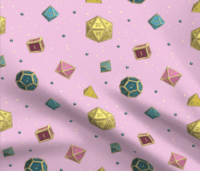 A repeating pattern of a set of 7 Dungeons and Dragons Dice in different shades of the colors from the Pansexual Pride Flag: Pink, turquoise, and yellow, on a light pink background, surrounded by little yellow stars and small shiny blue orbs. The pattern is demoed on a piece of rippling fabric.