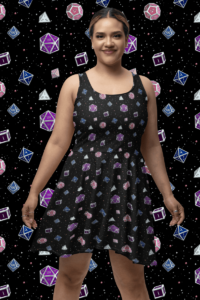 A repeating pattern of 7 Dungeons and Dragons Dice in Genderfluid Pride Flag colors: Purple, white, blue, and pink on a black background. It is on an asymmetrical sleeveless skater dress with a scoop neck on a Latino woman, and also on the background.