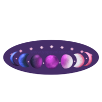 A ring made of pink stars and the phases of the moon. The moons are colored in a textured gradient with the colors of the genderfluid pride flag: blue, black, magenta, white, and pink. The background is a dark purple oval. There is a watermark that says www.yoppvoice.com