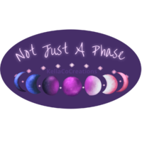 A ring made of pink stars and the phases of the moon that floats under the pink glowing words, Not Just a Phase. The moons are colored in a textured gradient with the colors of the genderfluid pride flag: blue, black, magenta, white, and pink. The background is a dark purple oval. There is a watermark that says www.yoppvoice.com
