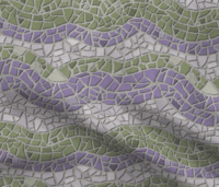 A repeat pattern of mosaic tiles in a series of colorful waves. The tiles are stripes matching the genderqueer pride flag, purple, white, and green, and the textured grout is light grey. The pattern is demoed on a piece of rippling fabric.