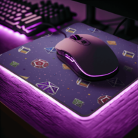 A repeating pattern of 7 Dungeons and Dragons Dice in the colors of the rainbow, with tiny pink stars, on a purple background. It is demoed on a rectangular mousepad with rounded corners on a glowing purple LED light and matching mouse.