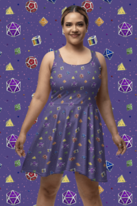 A repeating pattern of 7 Dungeons and Dragons Dice in the colors of the rainbow, with pink stars, on a purple background. It is demoed on an asymmetrical sleeveless skater dress with a scoop neck on a Latino woman, and also covers the background.
