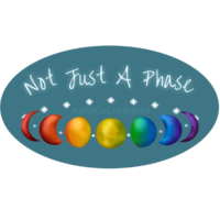 A ring made of white stars and the phases of the moon that floats under the white glowing words, Not Just a Phase. The moons and stars are colored in a textured gradient with the colors of the rainbow pride flag: red, orange, yellow, green, blue, and purple. The background is a turquoise oval. There is a watermark that says www.yoppvoice.com