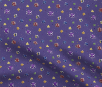 A repeating pattern of a set of 7 Dungeons and Dragons Dice in all the colors of the rainbow, on a purple background, surrounded by little pink stars and small shiny orbs in rainbow colors. The pattern is demoed in a small size on a rippled piece of fabric.