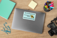 In a cartoonish font, black text says This is the prime of my life. I am young, hot and full of moderate to severe joint pain. Next to the text is a cartoon sunflower. This is demoed on a 4 x 6 inch light turquoise sticker on a silver laptop