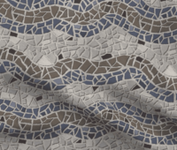 A repeat pattern of mosaic tiles in a series of colorful waves. There is a stripe of cool brown followed by a stripe of grey blue, and then a break of light grey, then blue, brown, blue and grey again. There are dark brown tiles sprinkled through out. The textured grout is light grey. The pattern is demoed on a piece of rippling fabric.