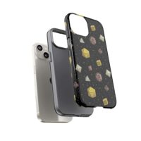 A repeating pattern of 7 Dungeons and Dragons Dice in Nonbinary Pride Flag colors: Yellow, purple, and white, on a black background. It is demoed on the tough case for an iphone 14. The case is shown as three layers: an iphone, the dark grey silicone layer, and the polycarbonate shell with colorful pattern printed on the outside.