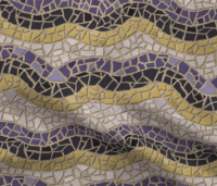 A repeat pattern of mosaic tiles in a series of colorful waves. The tiles are stripes matching the nonbinary pride flag, purple, black, yellow, and white, and the textured grout is beige. The pattern is demoed on a piece of rippling fabric.