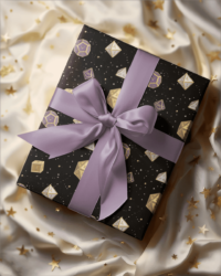 Black wrapping paper with a repeat pattern of 7 Dungeons and Dragons Dice in Nonbinary Pride Flag colors: Yellow, purple, and white, with tiny white and gold stars in the background. It is on a present with a lavender ribbon and bow.
