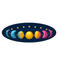 A ring made of yellow stars and the phases of the moon that floats. The moons are colored in a textured gradient with the colors of the pansexual pride flag: turquoise, yellow, and hot pink. There is a watermark that says www.yoppvoice.com