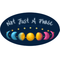 A ring made of yellow stars and the phases of the moon that floats under the pale blue glowing words, Not Just a Phase. The moons are colored in a textured gradient with the colors of the pansexual pride flag: turquoise, yellow, and hot pink. There is a watermark that says www.yoppvoice.com
