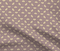 A repeat pattern with yellow clusters of three leaves, their veins outlined clearly in gold. The leaf clusters are lined up in rows with lots of space in between, mirrored horizontally or vertically from the previous one. In between the leaves are little pink star-shaped flowers. The leaves and flowers are done in a paper-cut style on a dark dusty pink background. The pattern is demoed in a small size on a piece of rippling fabric.