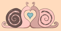 A cartoon illustration of two snails whose necks and mouth tentacles form the shape of a heart. The two of them mirror each other, with matching spiral antennae, striped shell spirals, and spiral tails. They are variations on the same pink, taupe, and brown color scheme. There is a turquoise heart between them and a pale orange background.