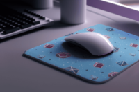 A repeating pattern of 7 Dungeons and Dragons Dice in Transgender Pride Flag colors: blue, pink, and white, on a light blue background. It is demoed on a rectangular mousepad with rounded corners next to a keyboard, with a sleek cordless mouse on top of it.