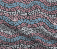 A repeat pattern of mosaic tiles in a series of colorful waves. The tiles are stripes matching the transgender pride flag, baby blue, pink, and white, and the textured grout is dark grey. The pattern is demoed on a piece of rippling fabric.