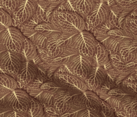 Clusters of warm-brown leaves with the veins clearly outlined in metallic gold. The leaf clusters are overlapped and stacked on top of one another, each one casting a shadow on those below, for many layers, so no background is visible. The pattern is demoed on a piece of rippling fabric.